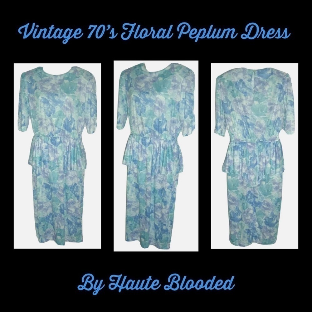 Vintage 70's TF Floral Peplum Dress Carrie Bradshaw Vibe Blue Flower Cottagecore